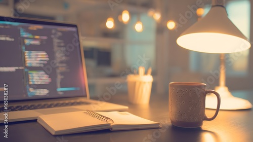 A developer's workstation with an empty notebook and coffee mug under soft desk lamp lighting.