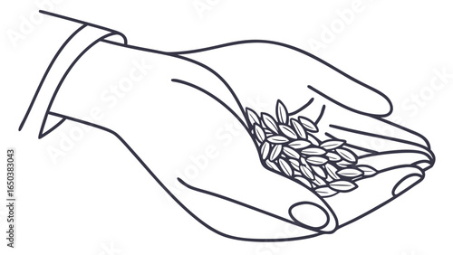 Outline drawing of two hands holding a pile of grains or seeds in a cupped position centered view