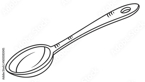 Illustration of a long handled spoon with a hole at the end, presented in a simple black outline