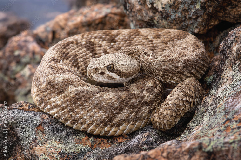 Obraz premium Rattlesnake coiled on rocky terrain