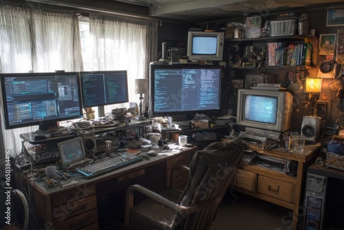 Cluttered programmers workstation filled with multiple monitors, scattered notes, and coding displays in a home office setup