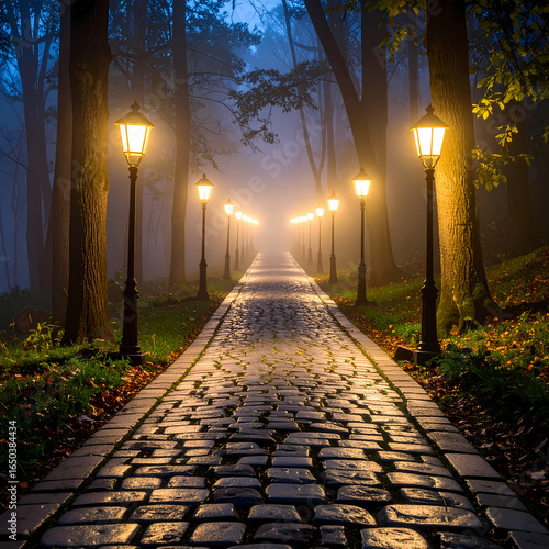 Cobblestone pathway through misty forest