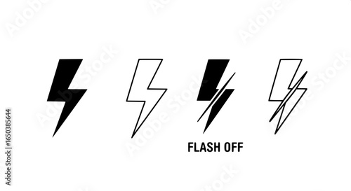 Set of four stylized lightning bolt icons, representing camera flash modes on, off, and two variations