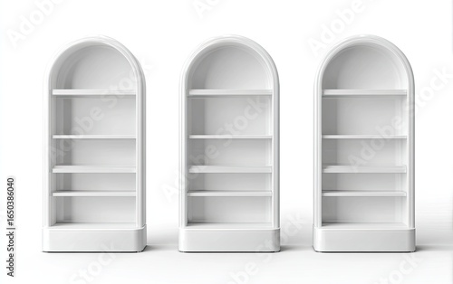 Three white arched display shelves, isolated on white background