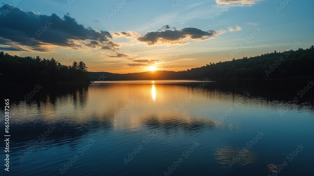 Serene sunset over a calm lake, silhouetted trees Serene sunset over a calm lake, silhouetted trees