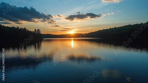 Wallpaper Mural Serene sunset over a calm lake, silhouetted trees Torontodigital.ca