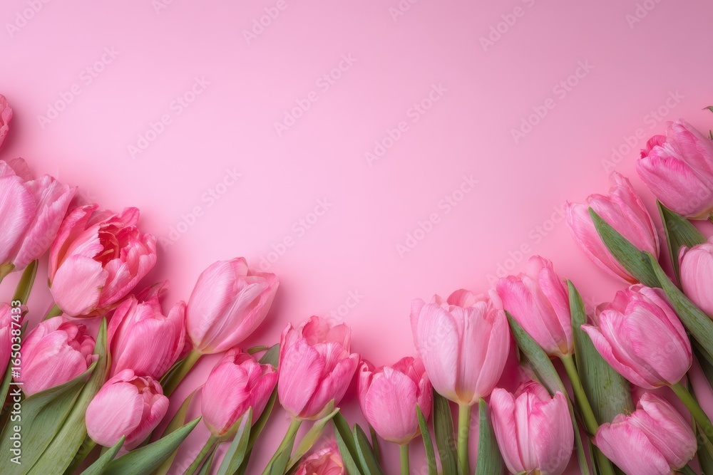Obraz premium Pastel pink tulips create a soft and elegant frame on a serene pink background for a visually soothing experience