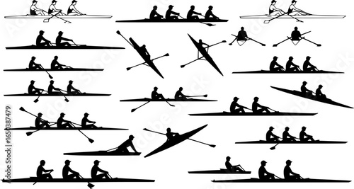 rowing silhouette collection set. water sport, race, transport, teamwork concept. different action, pose. monochrome vector illustration.	