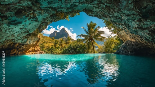 Majestic cave with a serene pool of bright blue water nestled in the lush mountains of Jamaica, captured through high-quality photography with warm natural light illuminating the scene.