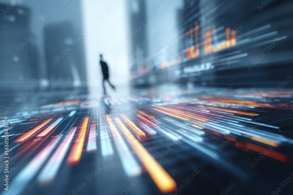 Fototapeta premium Dynamic business marketing concepts showcased through blurred lines and urban silhouettes to represent growth and innovation in a modern cityscape