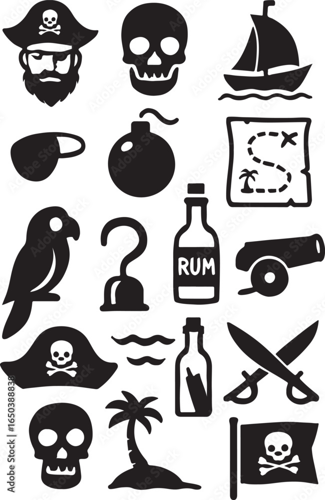 Obraz premium Pirate Icons Featuring Skulls, Ships, Bottles, and Treasure Maps in Black and White Vector Style