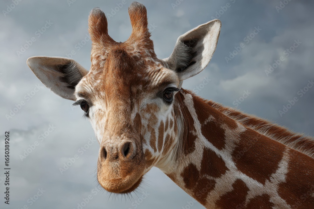 Naklejka premium Giraffe facing forward showcasing its long neck and distinct patterns against a cloudy sky in a natural habitat