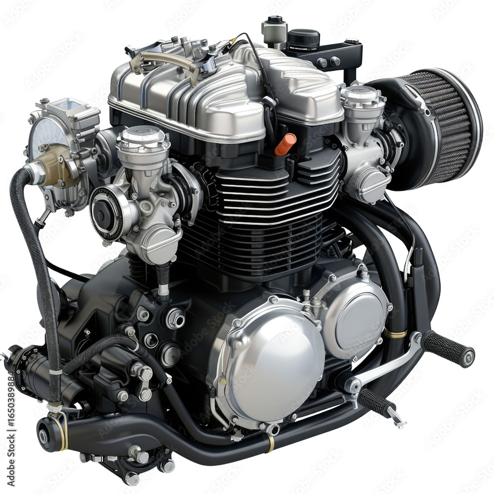 Obraz premium Detailed 3D render of a powerful motorcycle engine, showcasing its intricate components and design. background removed