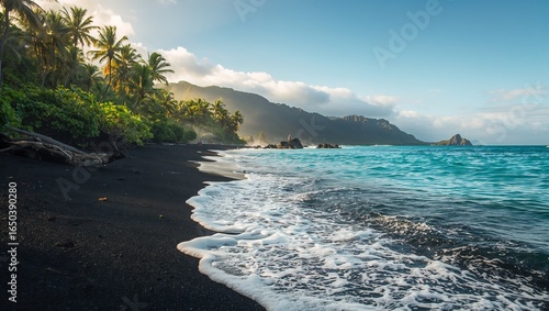 Serene black sand beach in Hawaii, with lush green palm trees swaying in the background, crystal clear turquoise water gently lapping at the shore, and a few people in the distance