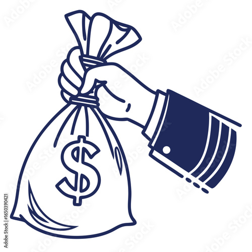 Hand Holding a Money Bag: A firm hand clutches a tightly bound money bag with a prominent dollar sign, the illustration conveys the essence of financial gain, security, and prosperity.