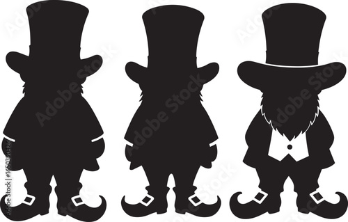 Three leprechaun silhouettes with top hats and bow ties silhouette