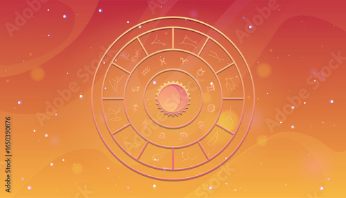 Zodiac wheel with constellations on orange gradient space background, horoscope twelve astrological symbols in circle