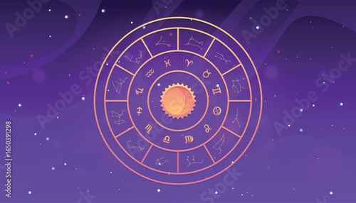 Zodiac wheel with constellations on purple gradient space vector background, horoscope astrological symbols in circle