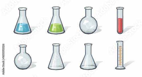 Illustration of eight different laboratory glassware items, including flasks, test tube, and graduated cylinder, some filled with colored liquids.