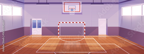 School gym interior vector flat illustration, basketball and soccer sport team games, athletic sport court stadium arena