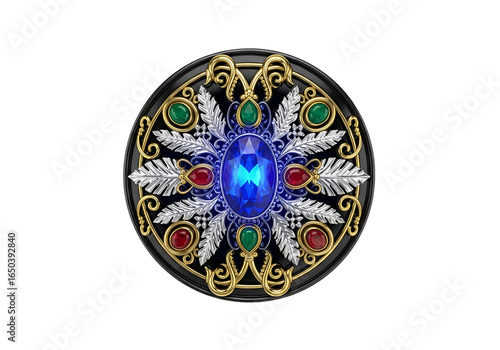 Ornate, round brooch with colorful gemstones and intricate filigree.
