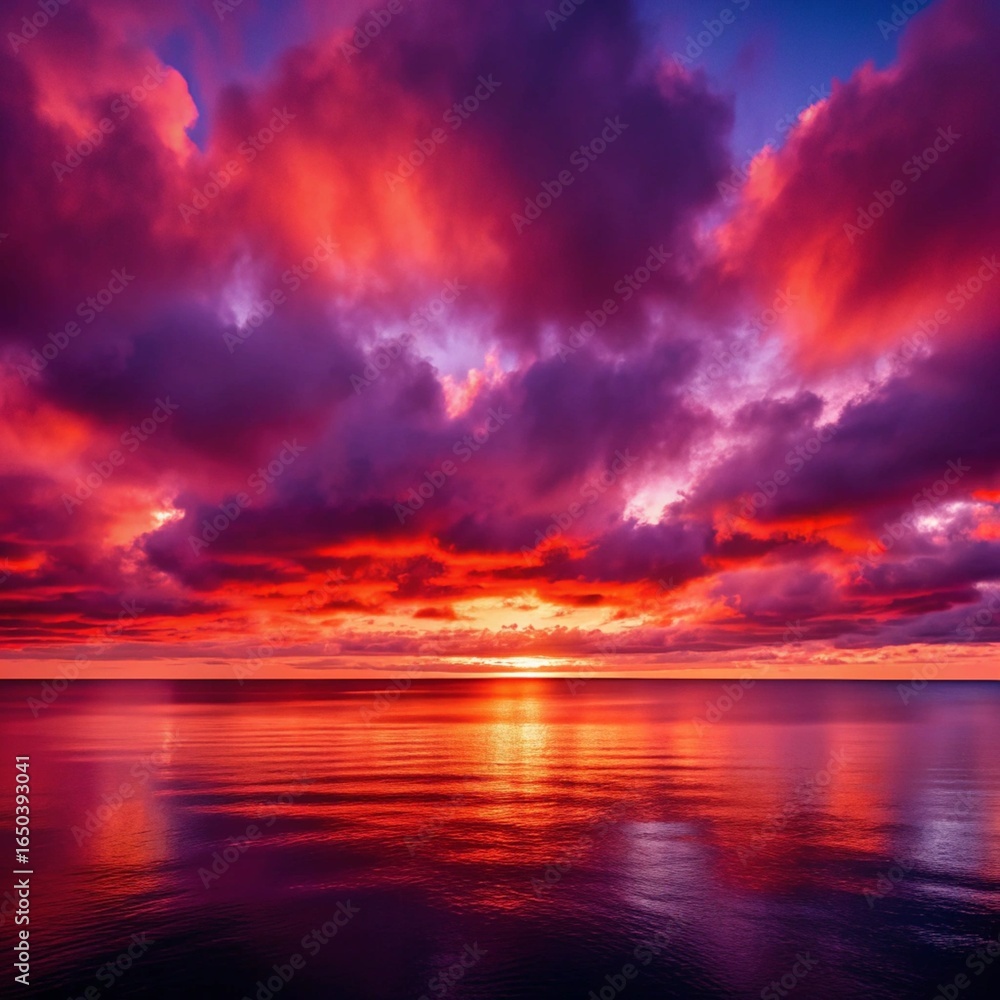 Obraz premium A very dramatic and intense sunset with bright reds, oranges, and purples reflected on a calm lake or ocean, symbolizing the end of the day or a powerful, emotional scene.