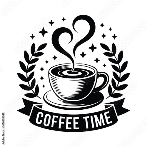 Coffee cup with steam forming a heart shape surrounded by laurel leaves and stars Vector illustration of