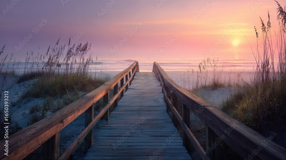 Fototapeta premium boardwalk on beach at sunrise no logos no brands ar 169