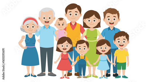Cartoon Illustration of a ThreeGeneration Family Standing Together, Smiling, and Wearing Colorful Clothes