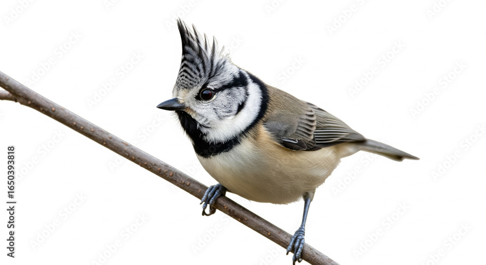 Obraz premium Alert Crested Tit Bird Perched on a Bare Branch on Isolated transparent background