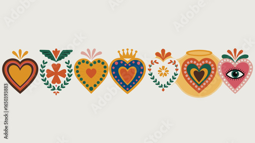 Colorful Hearts and Floral Motifs Decorative Illustration for Valentine's Day and Love Themes
