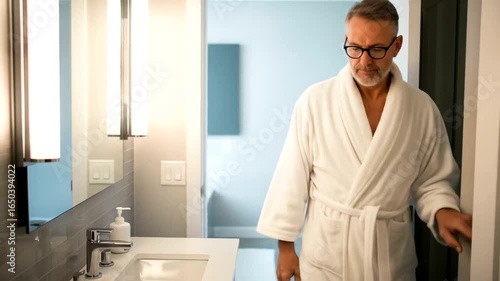 Man in bathrobe checking bathroom light switch