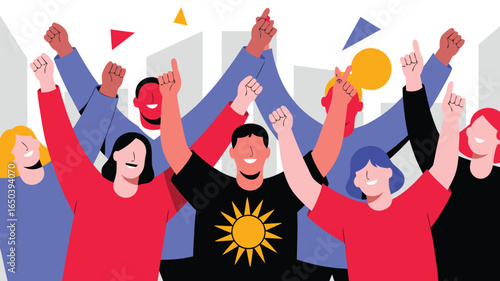 Diverse Group Cheering, Raised Fists and Pointing Fingers, Abstract Shapes, Flat Style