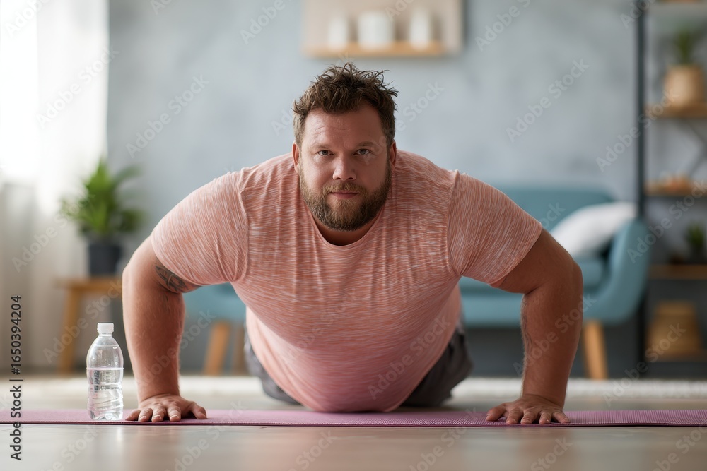 Fototapeta premium Overweight man performing knee push ups at home on exercise mat in a bright living room environment focused on fitness and health improvement