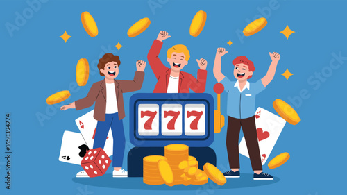 Excited Winners Celebrating a 777 Slot Machine Jackpot with Dice and Aces Cards