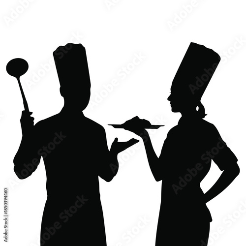 Silhouette chefs in uniform with tall hats holding ladle and serving tray cooking Vector illustration of