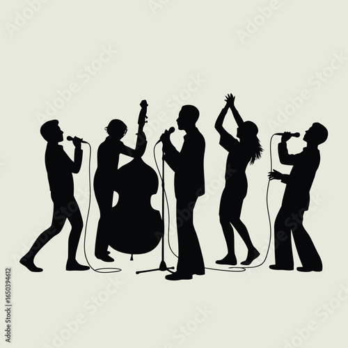 Silhouette of a band performing music with microphones and a double bass Vector illustration of