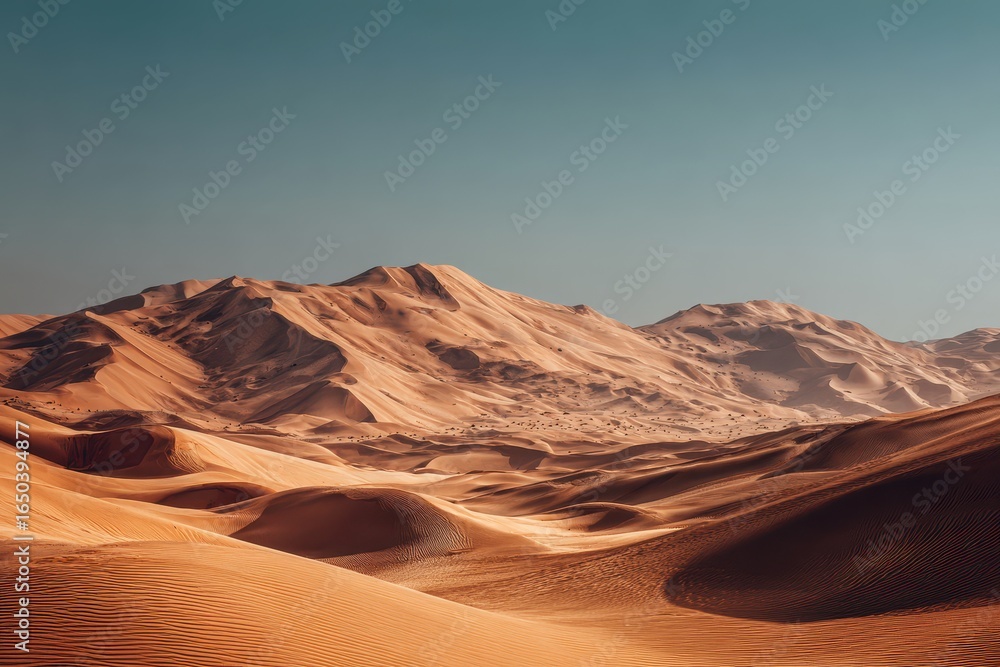 Naklejka premium Exploring the vast sand dunes and stunning landscapes of Rub al Khali Desert in Abu Dhabi during the golden hour
