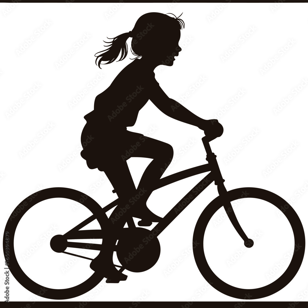 Fototapeta premium Silhouette of a girl riding a bicycle with a ponytail on a Vector illustration of white background child