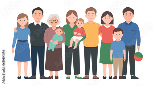 ThreeGeneration Family Portrait Illustration Featuring Parents, Children, Grandparent, and Babies, Smiling and Wearing Casual Attire