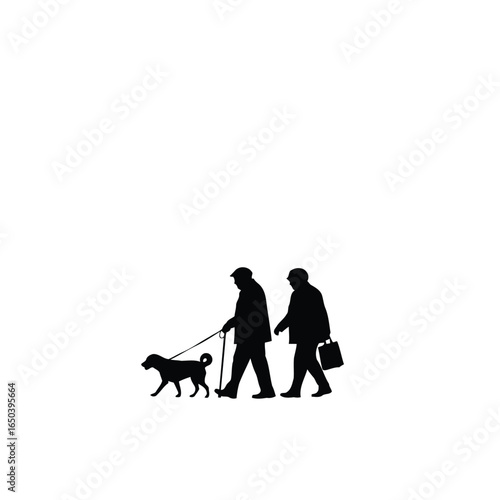 Silhouette of two men and a dog walking on a Vector illustration of white background vector illustration