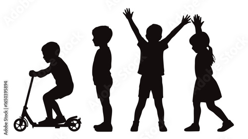 Silhouettes of children playing with scooter and arms raised kids girl Vector illustration of