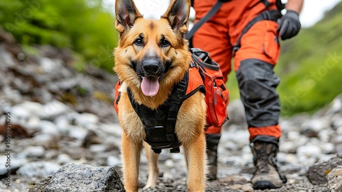 Rescue Dog In Protective Gear, Rocky Terrain