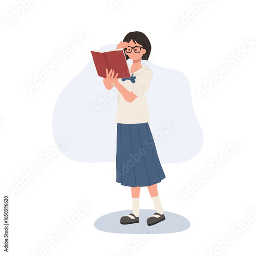asian schoolgirl student in uniform with glasses reading book education lifestyle studying youth learning and academic success