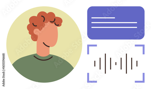 Profile of a person with waveform signal and text dialogue box, representing communication, technology, and AI integration. Ideal for accessibility, tech, transcription, UI, speech-to-text