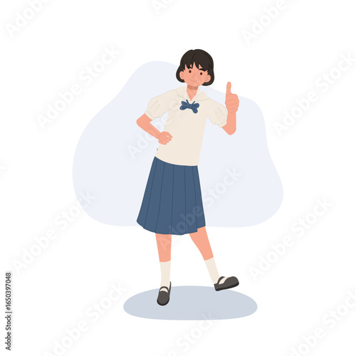 happy female student character in school uniform showing thumbs up symbol of encouragement confidence