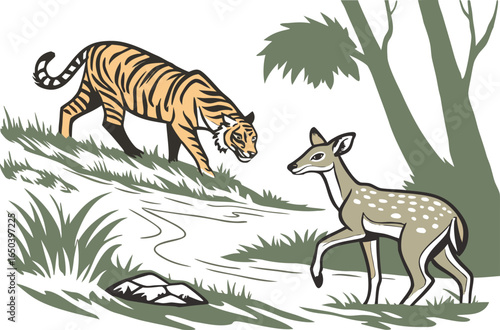 Natural Scene with Tiger and Deer Illustration. Tiger and Deer in Forest Natural Scene. Wildlife Natural Scene Featuring Tiger and Deer. Realistic Forest Scene with Tiger and Deer. Scenic Natural Land