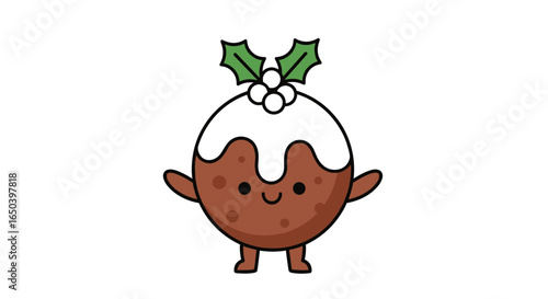 Adorable christmas pudding character illustration with festive holly and sweet frosting for holiday celebrations