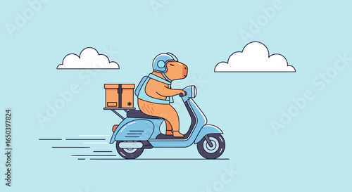 Cute capybara animal character riding a scooter with delivery box on blue sky background