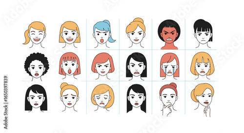 A comprehensive collection of diverse facial expressions representing human emotions and feelings
